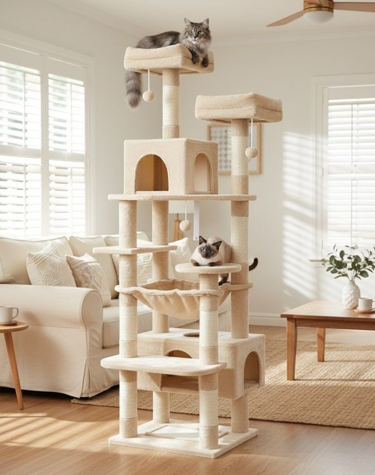 Two cats on tall beige cat tree