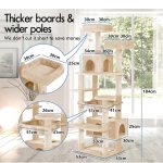 Beige multi-level cat tree with dimensions labelled