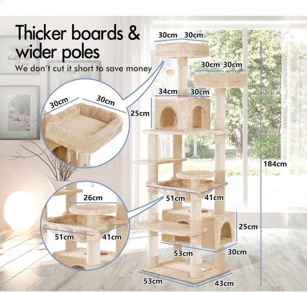 carla home 180cm cat tree tower for indoor cats with plush perches, dual condos, natural sisal scratching posts & ramps for kittens & adult cats (beige) Beige multi-level cat tree with dimensions labelled