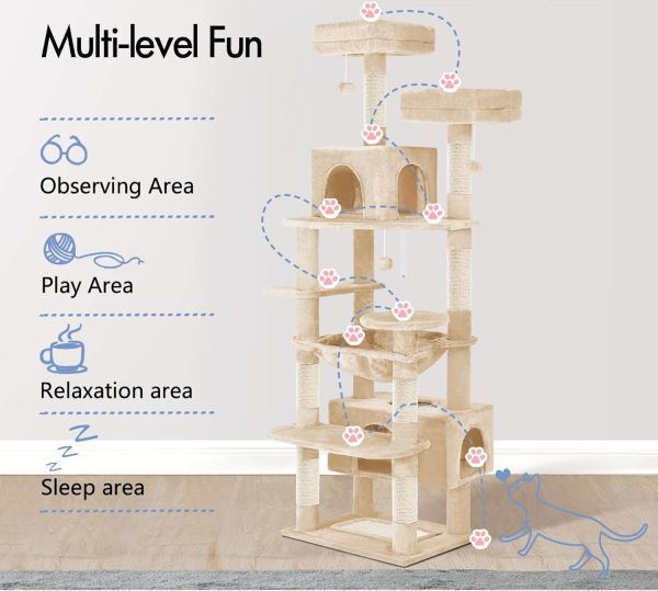carla home 180cm cat tree tower for indoor cats with plush perches, dual condos, natural sisal scratching posts & ramps for kittens & adult cats (beige) Beige multi-level cat tree with platforms and cubbies