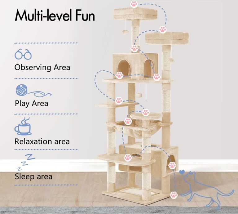 Beige multi-level cat tree with platforms and cubbies