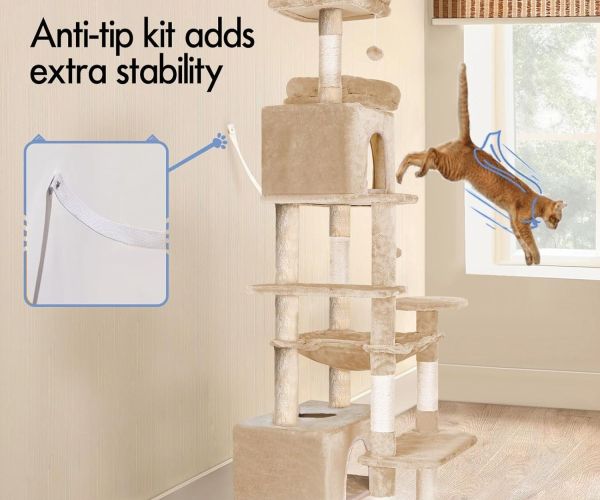 carla home 180cm cat tree tower for indoor cats with plush perches, dual condos, natural sisal scratching posts & ramps for kittens & adult cats (beige) Cat tree with anti-tip wall stability kit