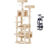 Tall beige multi-level cat tree with scratching posts