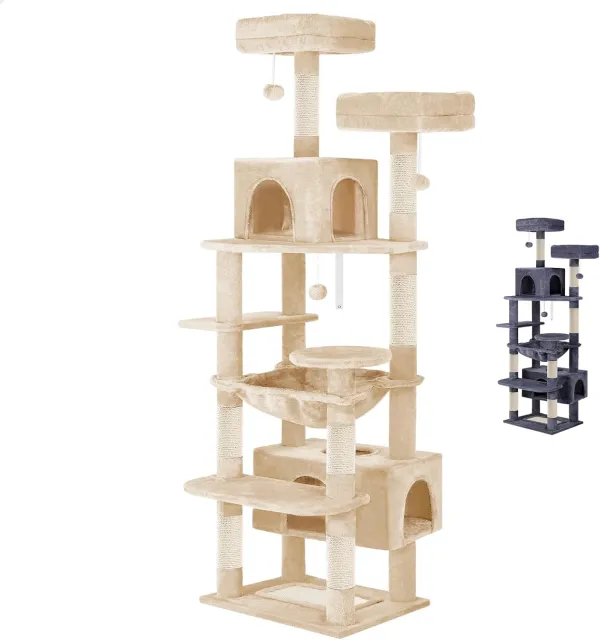 carla home 180cm cat tree tower for indoor cats with plush perches, dual condos, natural sisal scratching posts & ramps for kittens & adult cats (beige) Tall beige multi-level cat tree with scratching posts