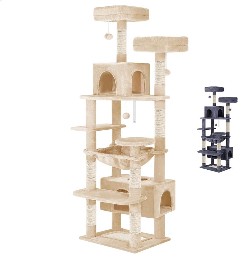 Tall beige multi-level cat tree with scratching posts