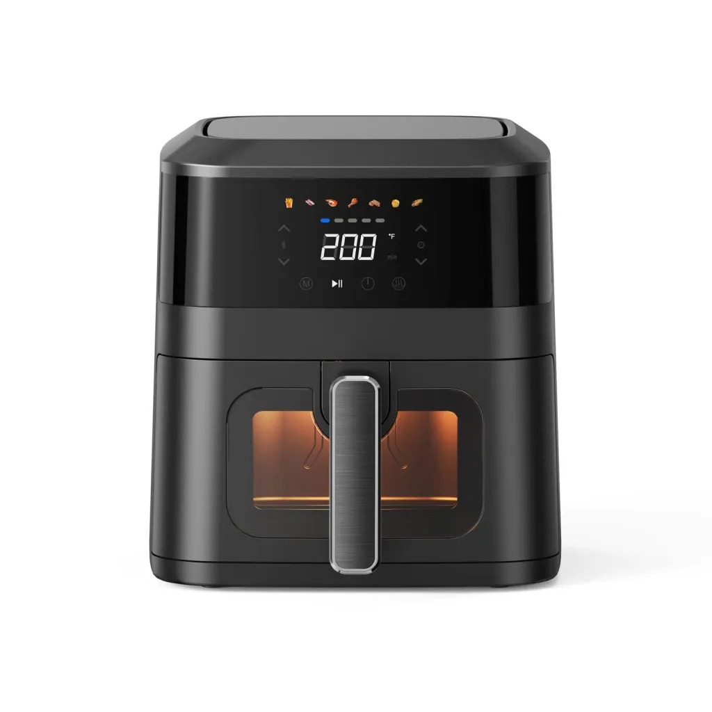 Black digital air fryer with viewing window