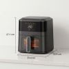 Black digital air fryer with dimensions displayed