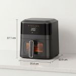 1400w 5l non stick digital air fryer with clear viewing window Black digital air fryer with dimensions displayed