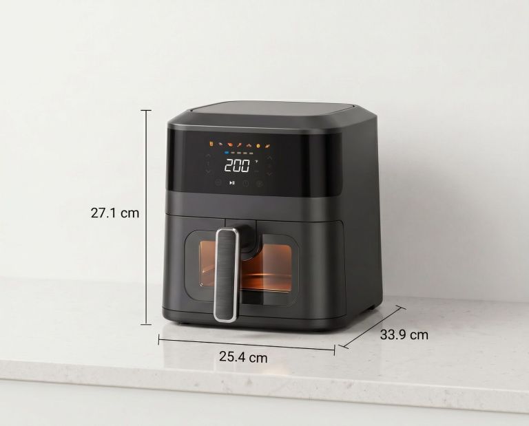 1400w 5l non stick digital air fryer with clear viewing window Black digital air fryer with dimensions displayed