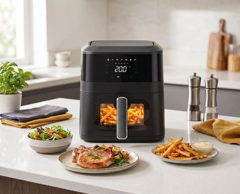 1400w 5l non stick digital air fryer with clear viewing window Modern air fryer cooking chips on kitchen counter