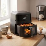 1400w 5l non stick digital air fryer with clear viewing window Modern air fryer cooking chicken wings on bench