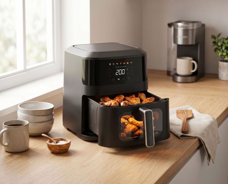 1400w 5l non stick digital air fryer with clear viewing window Modern air fryer cooking chicken wings on bench