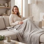 Woman relaxing on sofa with electric heated blanket