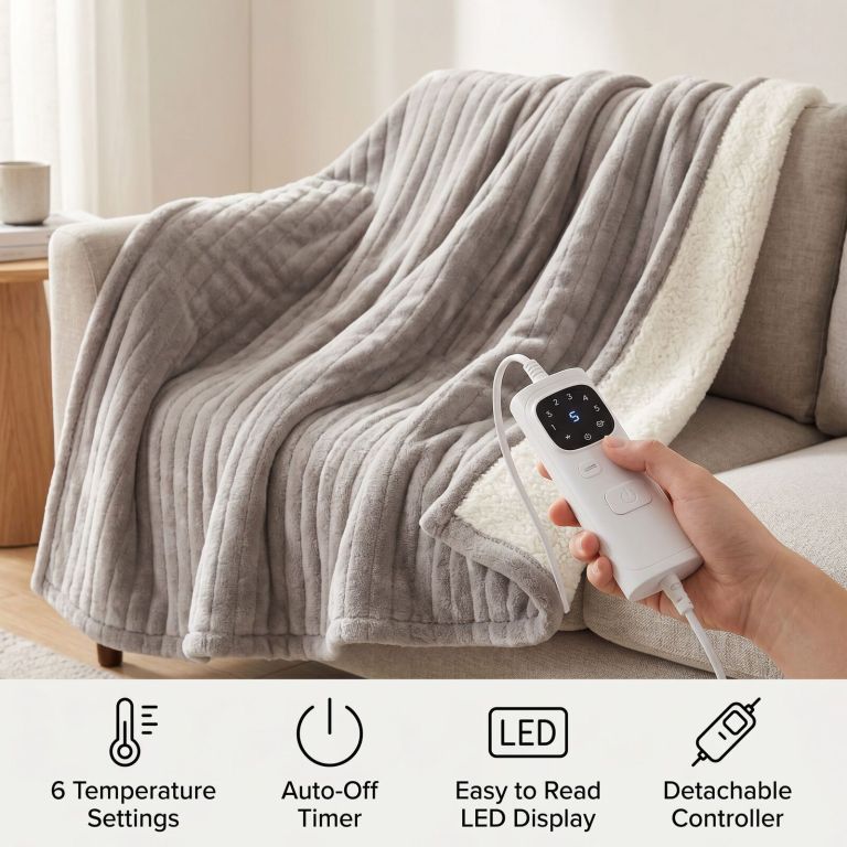 Electric heated blanket with digital controller on sofa