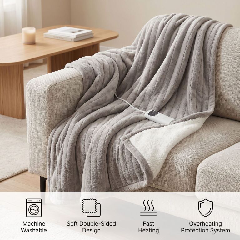 Grey electric heated throw on sofa