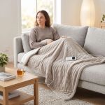 Woman relaxing on sofa with electric heated blanket
