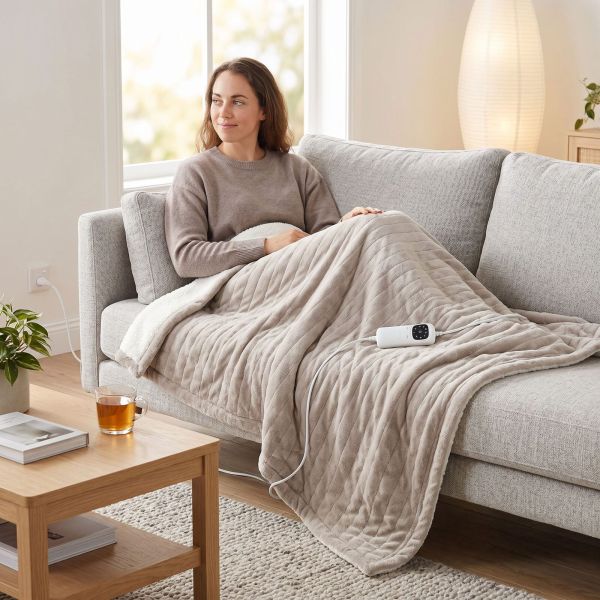 heated throw blanket, soft double sided fleece with adjustable heat settings Woman relaxing on sofa with electric heated blanket