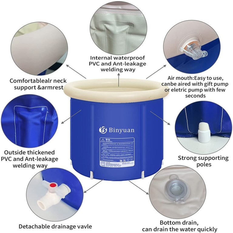 Blue inflatable portable bathtub with support features