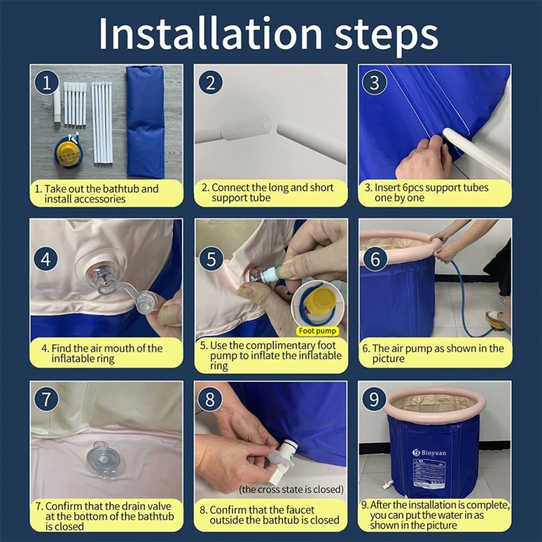 Inflatable bathtub installation steps with support tubes and pump