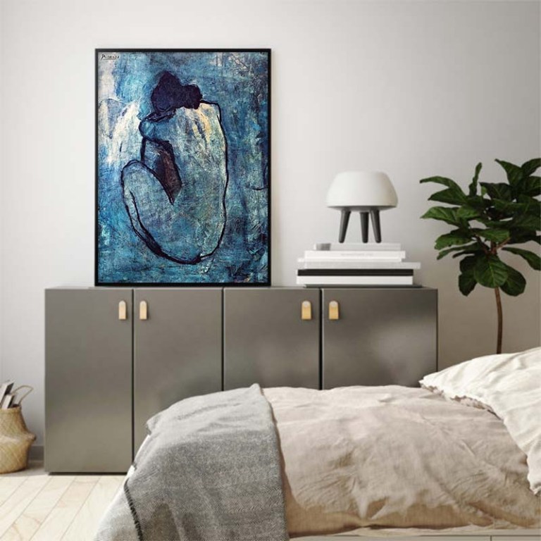 wall art 60cmx90cm blue nude by pablo picasso black frame canvas Modern bedroom with blue abstract figure painting