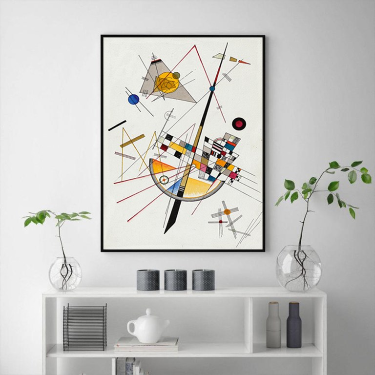 wall art 50cmx70cm delicate tension by wassily kandinsky black frame canvas Framed abstract geometric artwork above white shelf