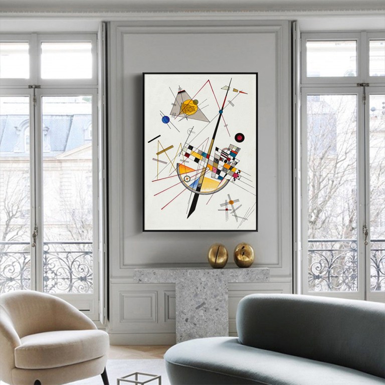 wall art 50cmx70cm delicate tension by wassily kandinsky black frame canvas Abstract geometric artwork above marble fireplace