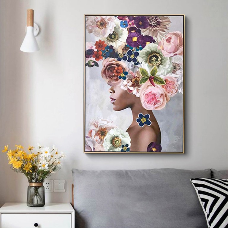 wall art 50cmx70cm foolish in love ii gold frame canvas Floral portrait artwork above grey sofa
