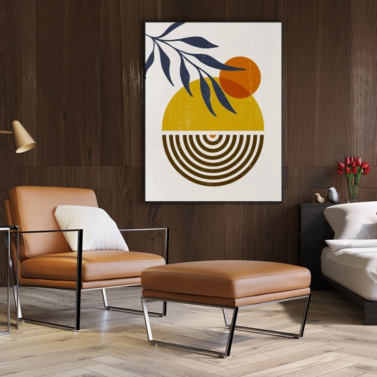 wall art 40cmx60cm sun and moon black frame canvas Modern bedroom with leather chair and abstract art