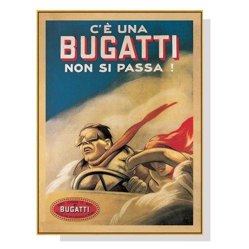 Vintage Bugatti racing poster with speeding driver