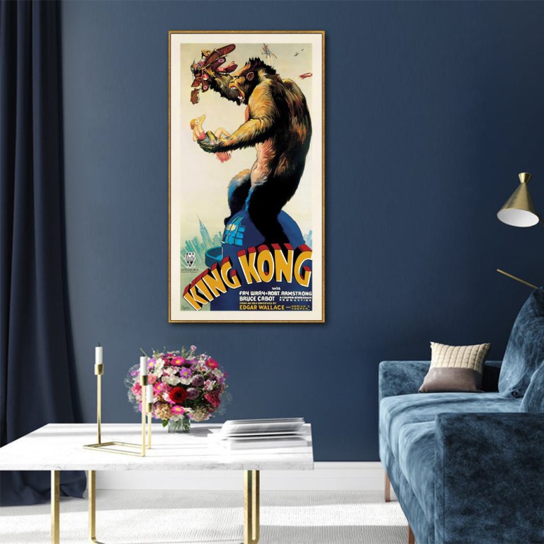 wall art 40cmx80cm king kong 1933 gold frame canvas Framed King Kong poster above modern blue sofa