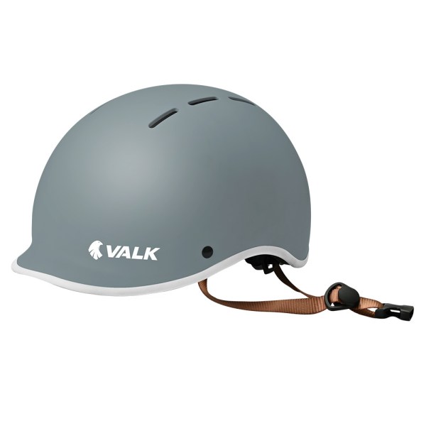 Grey VALK bike helmet with brown chin strap
