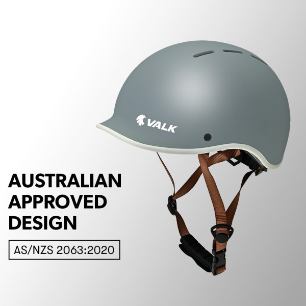 Grey VALK bike helmet with brown straps