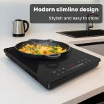 eurochef induction benchtop cooktop, 2000w, 9 heat levels, fast electric portable cooker, touch controls with slider Slimline induction cooktop with frying pan cooking stir-fry