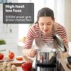 eurochef induction benchtop cooktop, 2000w, 9 heat levels, fast electric portable cooker, touch controls with slider Woman lifting lid off steaming pot on stovetop