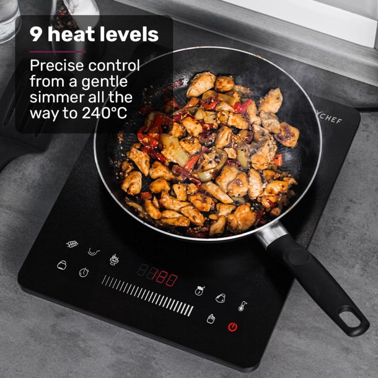 eurochef induction benchtop cooktop, 2000w, 9 heat levels, fast electric portable cooker, touch controls with slider Induction cooktop with frying pan cooking stir fry