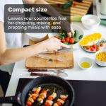 eurochef induction benchtop cooktop, 2000w, 9 heat levels, fast electric portable cooker, touch controls with slider Compact cutting board on kitchen countertop