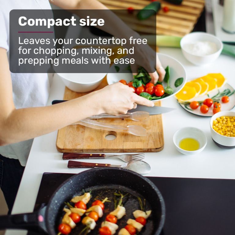 eurochef induction benchtop cooktop, 2000w, 9 heat levels, fast electric portable cooker, touch controls with slider Compact cutting board on kitchen countertop