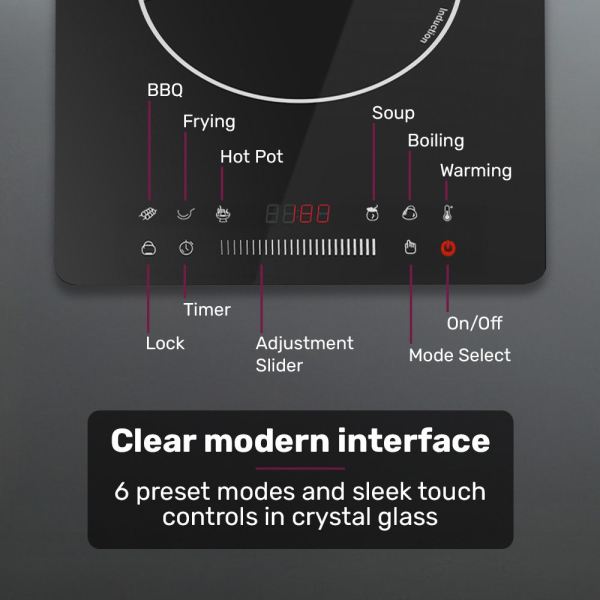 eurochef induction benchtop cooktop, 2000w, 9 heat levels, fast electric portable cooker, touch controls with slider Modern induction cooktop touch control panel interface