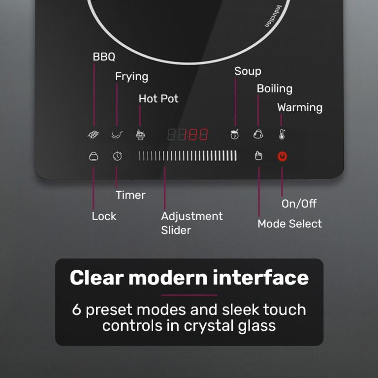 eurochef induction benchtop cooktop, 2000w, 9 heat levels, fast electric portable cooker, touch controls with slider Modern induction cooktop touch control panel interface