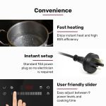 eurochef induction benchtop cooktop, 2000w, 9 heat levels, fast electric portable cooker, touch controls with slider Induction cooktop features: fast heating and slider control
