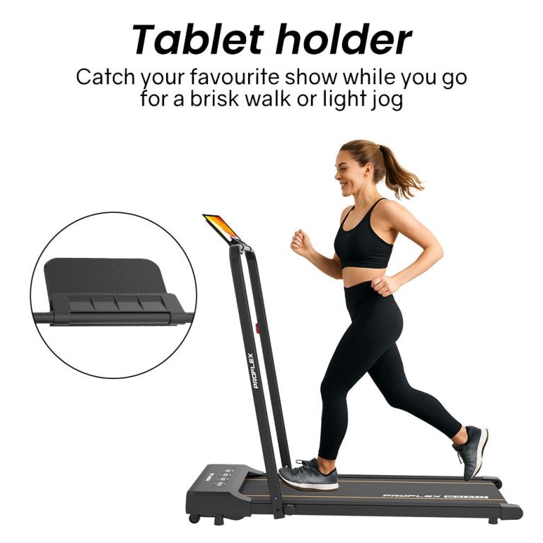 Woman jogging on treadmill with tablet holder