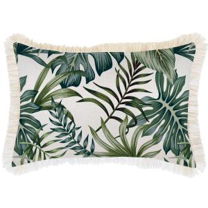 Tropical leaf print cushion with fringed edges
