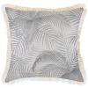 Grey palm leaf cushion with beige fringe trim