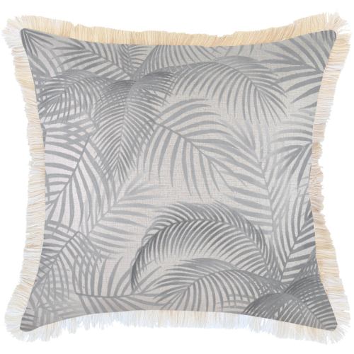 Grey palm leaf cushion with beige fringe trim