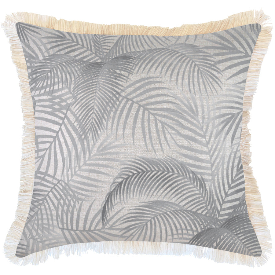Grey palm leaf cushion with beige fringe trim