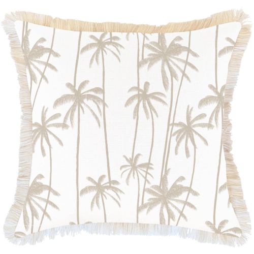 Beige palm tree print cushion with fringe