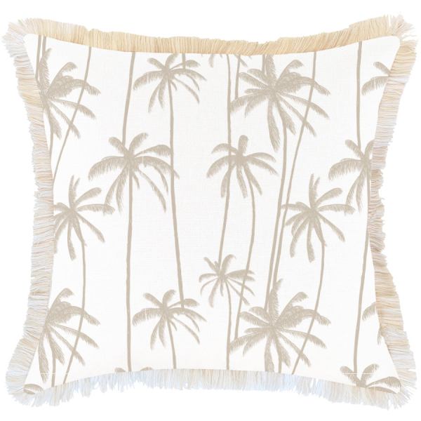Beige palm tree print cushion with fringe