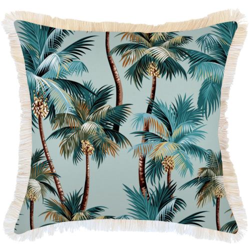 Tropical palm tree print cushion with fringed edges