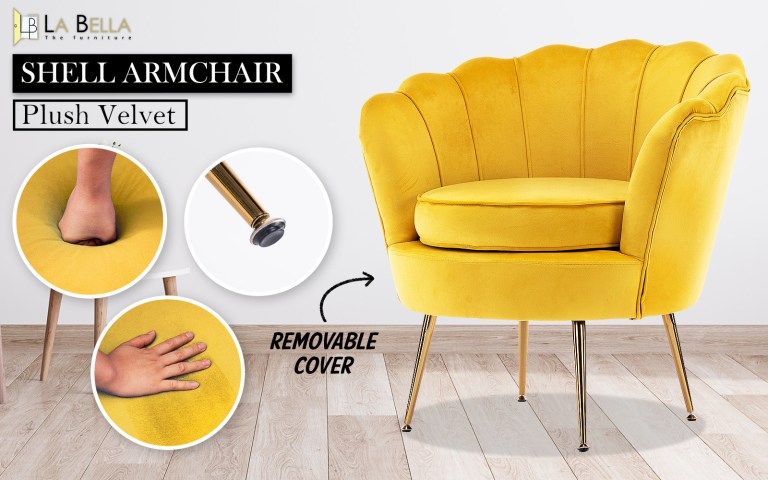 Yellow velvet shell armchair with gold legs