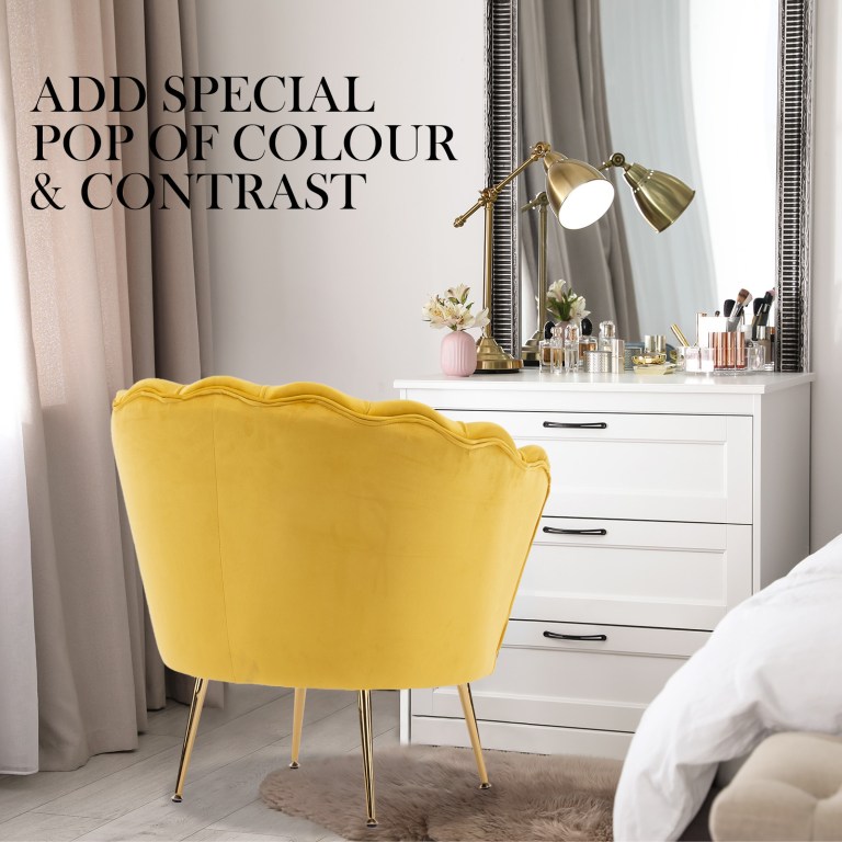 Yellow velvet chair at white bedroom vanity
